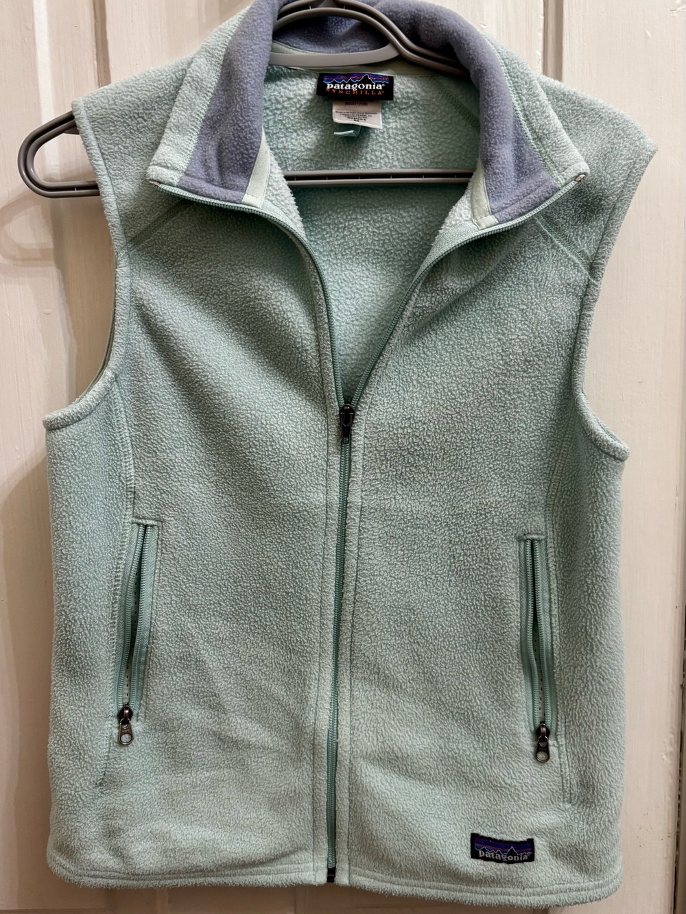 Patagonia Mint Green Fleece Vest with Gray Collar Trim